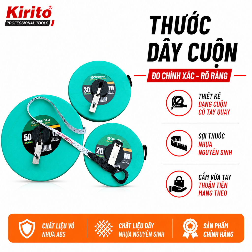 Thước Dây Cuộn GoFuther 20M/30M/50M Chính Hãng – Thước Dây Sợi Vải Đo Đạc Chính Xác