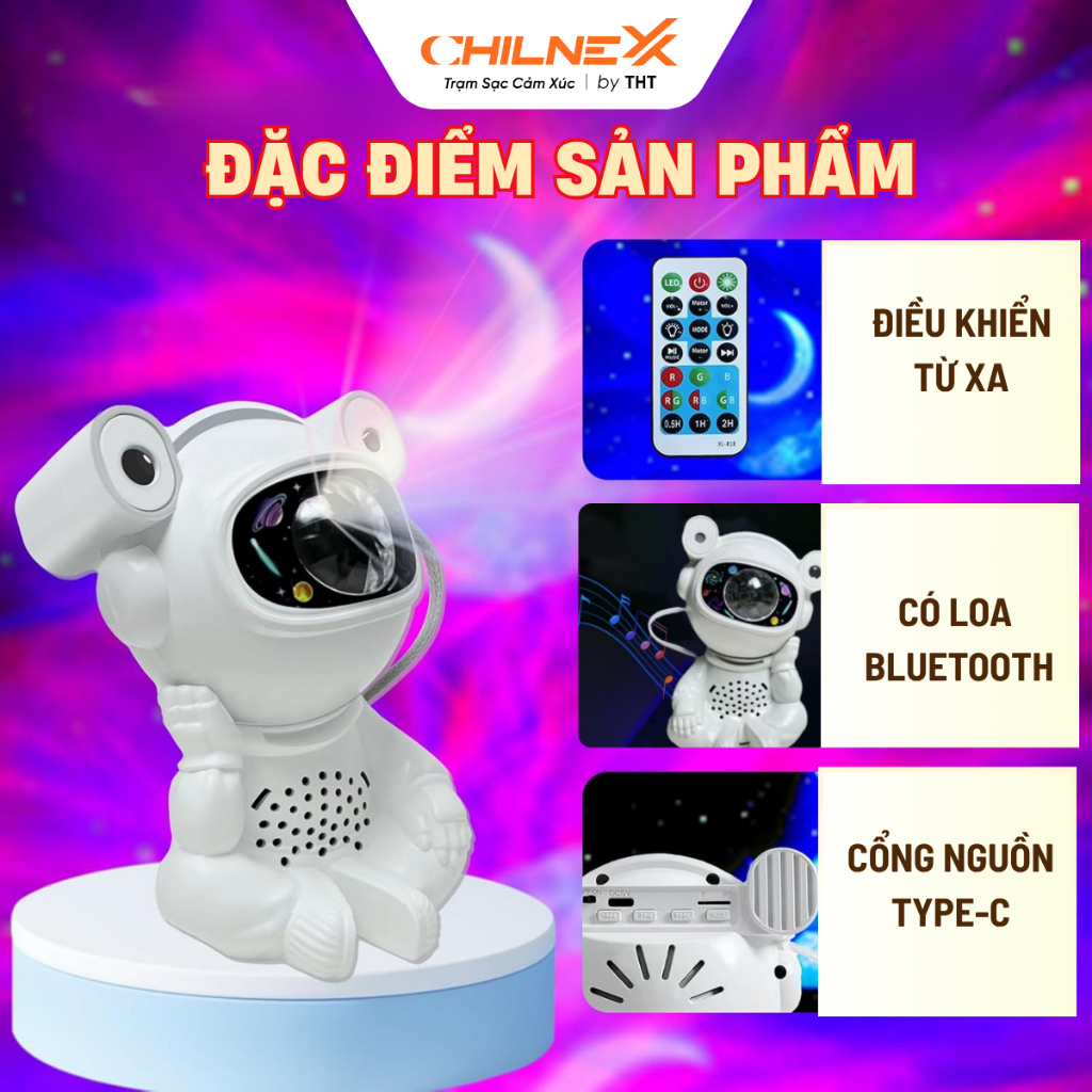 Đèn Phi Hành Gia galaxy Ngồi V8 CHILNEXX Đèn Ngủ chiếu trăng loa Bluetooth Nháy Theo Nhạc Hẹn Giờ tự tắt