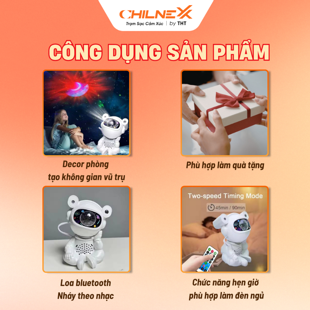 Đèn Phi Hành Gia galaxy Ngồi V8 CHILNEXX Đèn Ngủ chiếu trăng loa Bluetooth Nháy Theo Nhạc Hẹn Giờ tự tắt