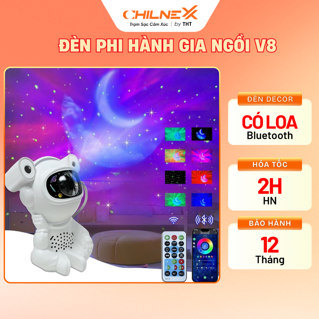 Đèn Phi Hành Gia galaxy Ngồi V8 CHILNEXX Đèn Ngủ chiếu trăng loa Bluetooth Nháy Theo Nhạc Hẹn Giờ tự tắt