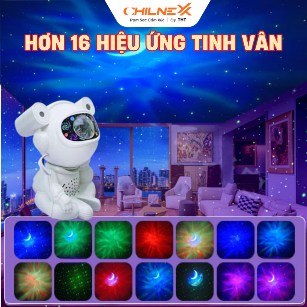 Đèn Phi Hành Gia galaxy Ngồi V8 CHILNEXX Đèn Ngủ chiếu trăng loa Bluetooth Nháy Theo Nhạc Hẹn Giờ tự tắt