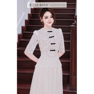 Set Váy Tiểu Thư Thanh Lịch La Rosa Áo Ren Tay Lỡ Dáng Ôm Đính Nơ Phối Chân Váy Dập Ly Xoè Tôn Dáng A1091+CV1082