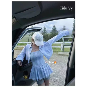 Set áo quây chun peplum kèm áo sơ mi croptop xanh