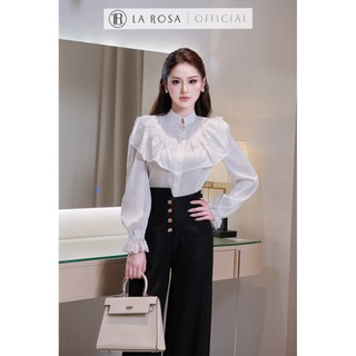 Set Đồ Công Sở Nữ Cao Cấp La Rosa Áo Sơ Mi Lụa Cổ Bèo Dài Tay Phối Quần Ống Rộng Cạp Cao Tôn Dáng A1092+Q925