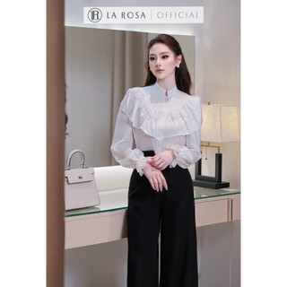 Set Đồ Công Sở Nữ Cao Cấp La Rosa Áo Sơ Mi Lụa Cổ Bèo Dài Tay Phối Quần Ống Rộng Cạp Cao Tôn Dáng A1092+Q925