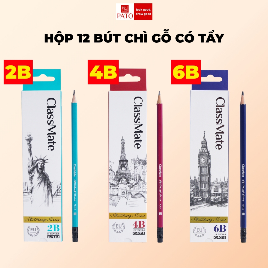 Hộp 12 Bút Chì Gỗ Có Tẩy 2B Classmate Chì Gỗ 4B 6B Viết Mịn, Thân Lục Giác Dễ Cầm, Tô Trắc Nghiệm, Tập Viết, Vẽ Tranh
