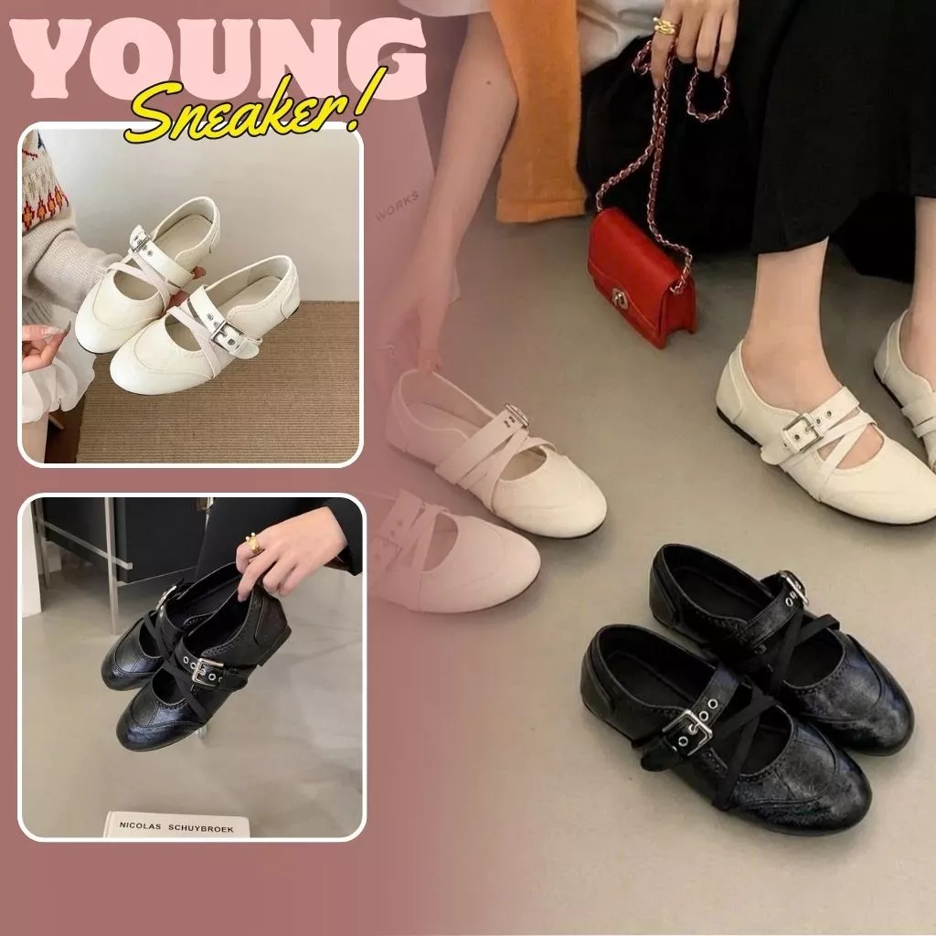 Giày Mary Jane,Giày Balet Mary Jane Phối Da Quai Chéo Xinh N66 Và N75 || Young Sneaker