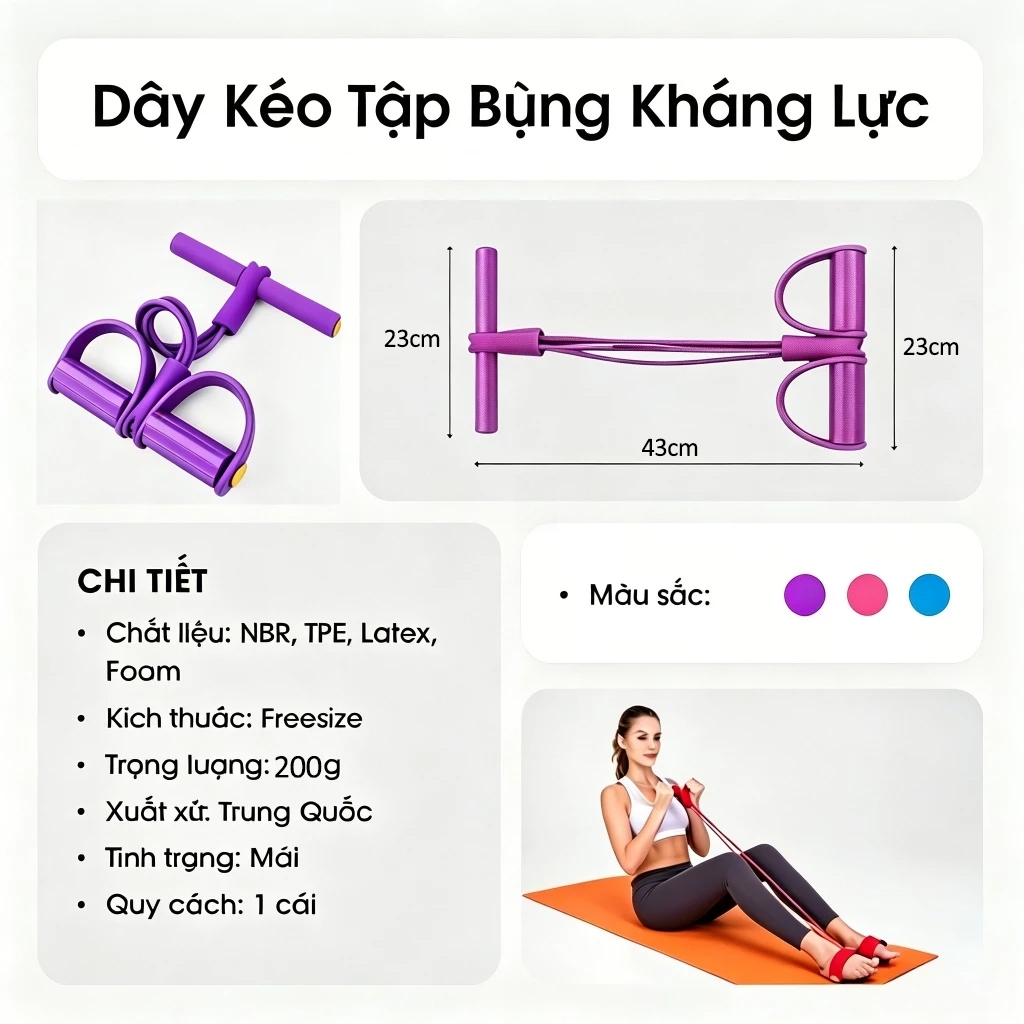 Dây Tập Bụng, Dây Kháng Lực 6 Ống Có Bàn Đạp Chân, Hỗ Trợ Siết Cơ Bụng, Cao Su Tập Bụng Tại Nhà