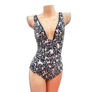 Bikini 1 mảnh, bộ đồ bơi liền thân đi biển nữ, họa tiết hoa văn đen trắng cổ V sâu tôn dáng sexy, hàng xuất dư xịn