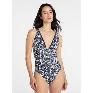 Bikini 1 mảnh, bộ đồ bơi liền thân đi biển nữ, họa tiết hoa văn đen trắng cổ V sâu tôn dáng sexy, hàng xuất dư xịn