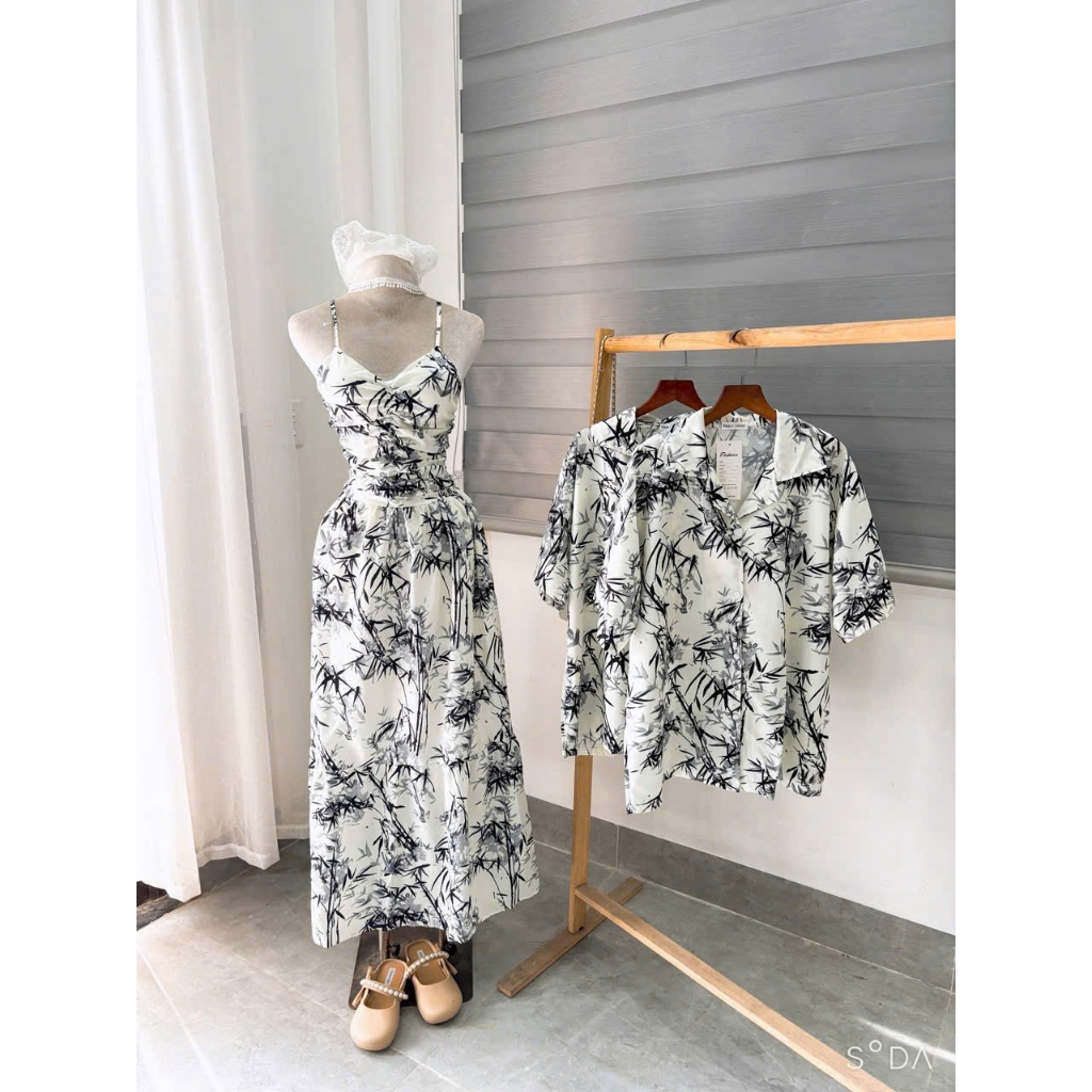 Set Đồ Nam Nữ Đi Biển - Váy 2 Dây Dáng Dài Có Mút Ngực Và Áo Sơ Mi Nam Họa Tiết Mềm Mát Cho Các Cặp Đôi Đi Du Lịch