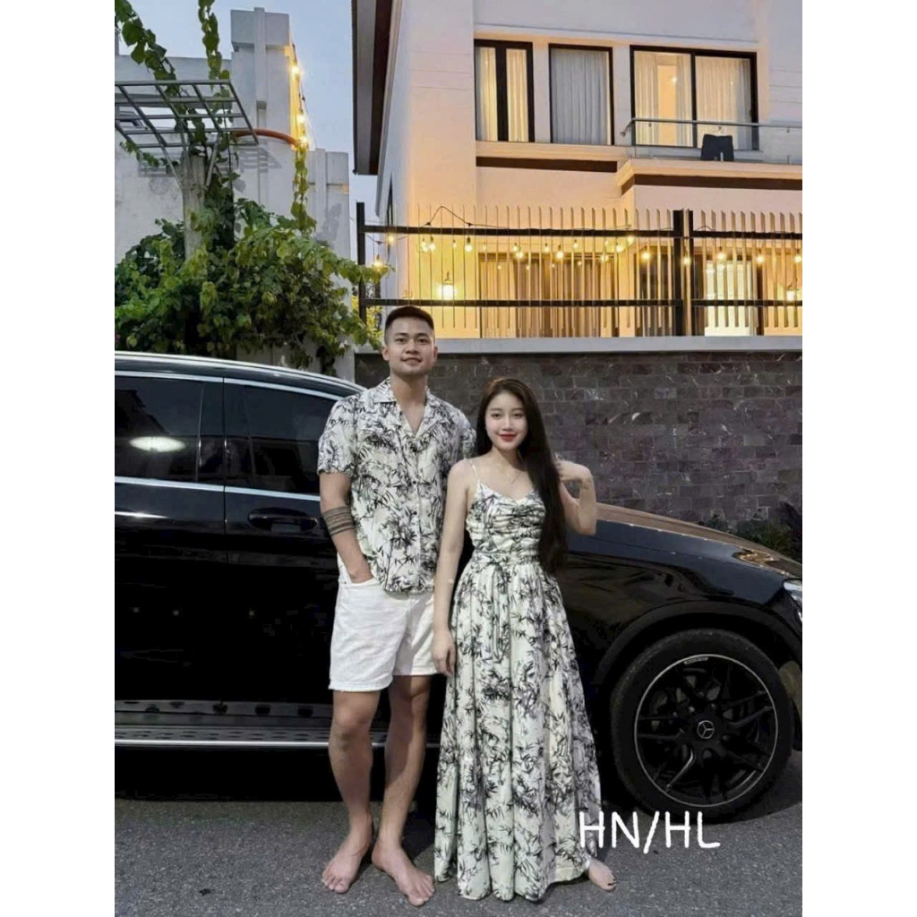 Set Đồ Nam Nữ Đi Biển - Váy 2 Dây Dáng Dài Có Mút Ngực Và Áo Sơ Mi Nam Họa Tiết Mềm Mát Cho Các Cặp Đôi Đi Du Lịch