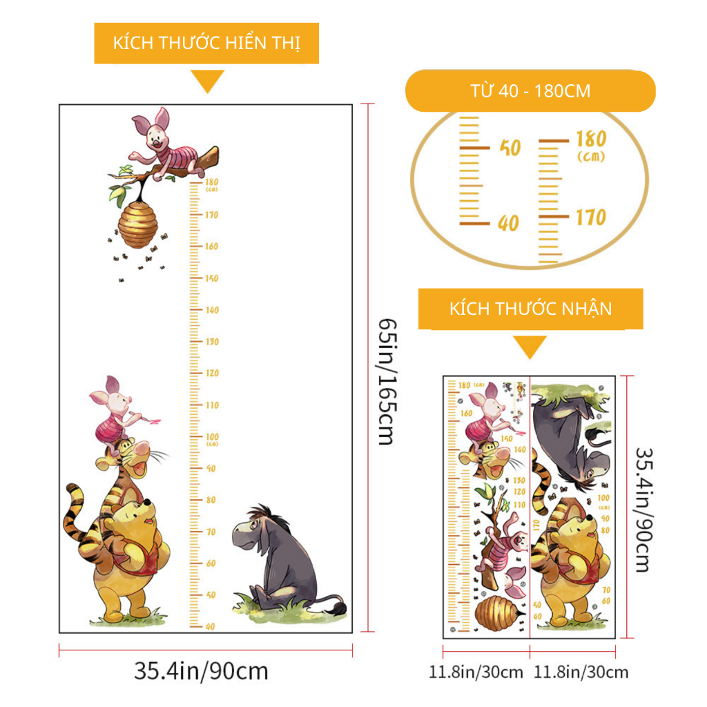 Decal Dán Tường Đo Chiều Cao Hình Gấu Mật Ong Đáng Yêu Có Keo Sẵn 90x165cm - Trang Trí Phòng Bé