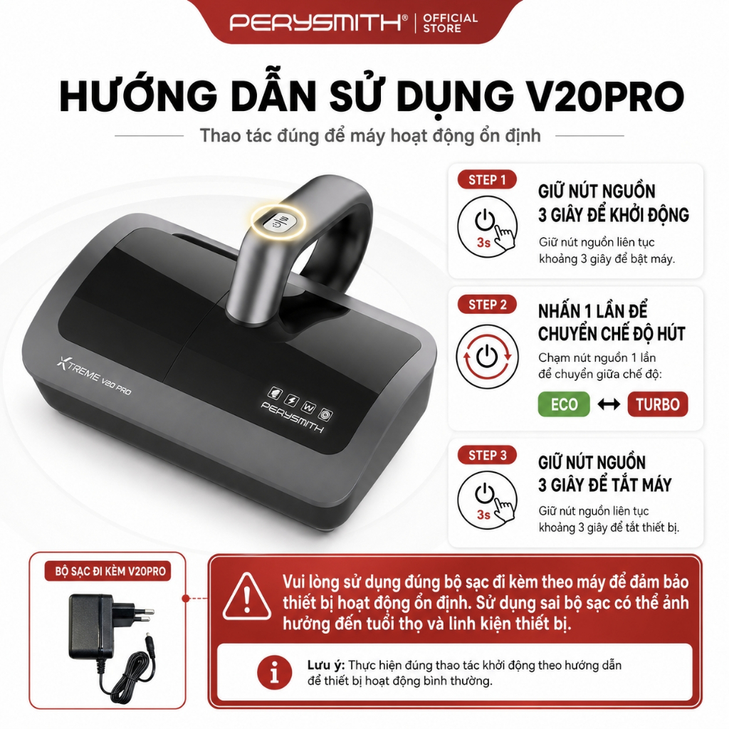 Máy Hút Bụi Giường Nệm PerySmith V20Pro, Không Dây, Gọn Nhẹ, Diệt Khuẩn, Hút Bụi Mịn, Có Đèn UV | BigBuy360 - bigbuy360.vn