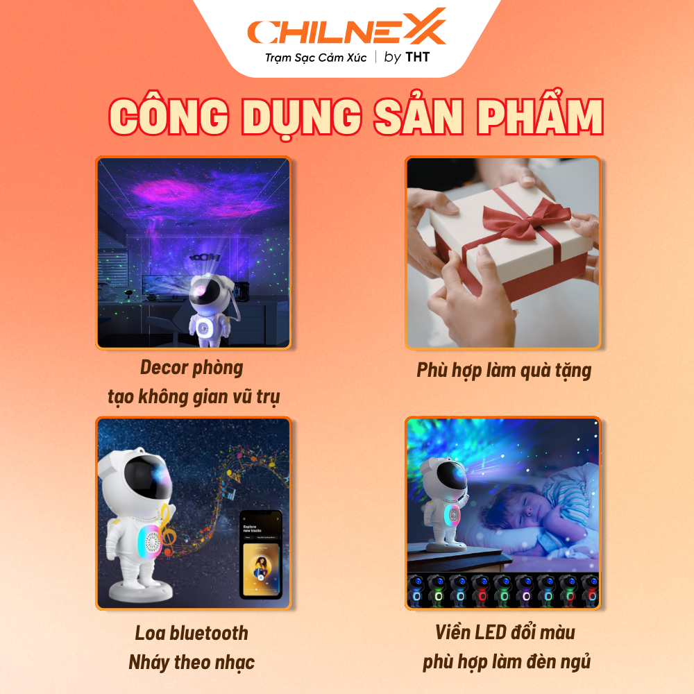 Đèn Phi Hành Gia V6 CHILNEXX  Đèn Decor Trang Trí Chiếu Sao Tinh Vân Kết Nối Bluetooth nháy theo nhạc Đèn Ngủ Đa Màu