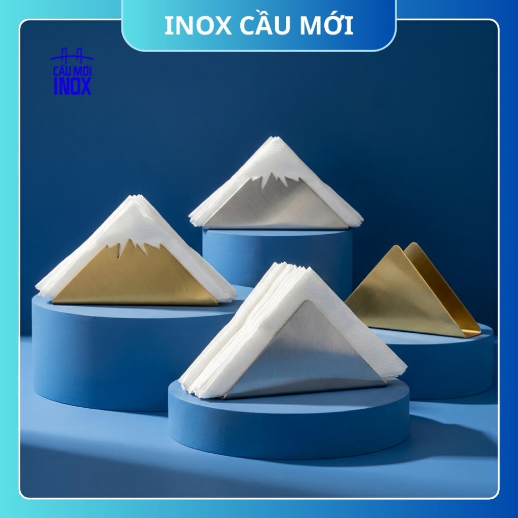 Khay đựng giấy ăn inox cao cấp, hình tam giác sang trọng giúp bày trí đẹp mắt trên bàn ăn