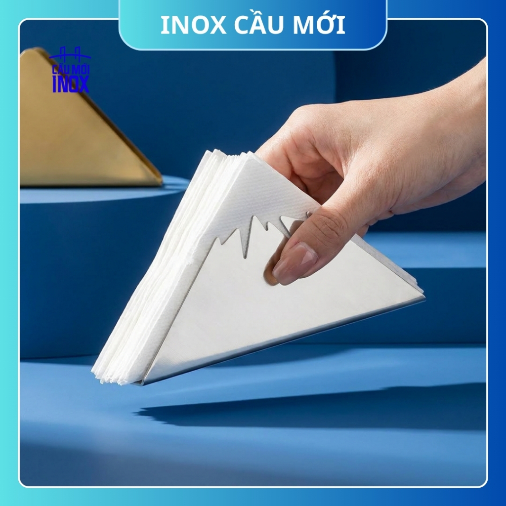 Khay đựng giấy ăn inox cao cấp, hình tam giác sang trọng giúp bày trí đẹp mắt trên bàn ăn