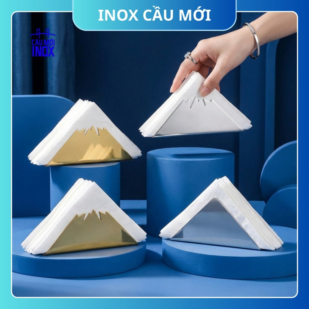 Khay đựng giấy ăn inox cao cấp, hình tam giác sang trọng giúp bày trí đẹp mắt trên bàn ăn