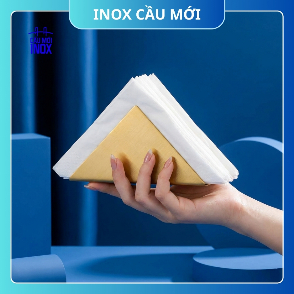 Khay đựng giấy ăn inox cao cấp, hình tam giác sang trọng giúp bày trí đẹp mắt trên bàn ăn