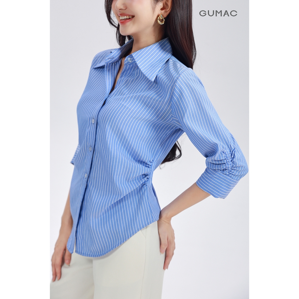 Áo Sơ Mi Nữ GUMAC Áo Kiểu Công Sở Kẻ Sọc Tay Lửng Chiết Ly Eo Tôn Dáng Vải Kate Cao Cấp AF01024
