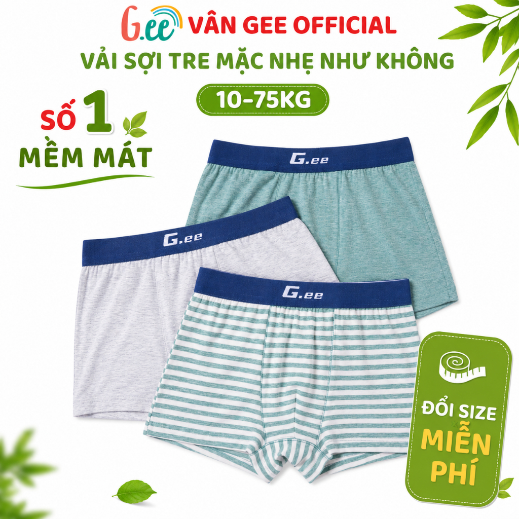 Set 3 quần lót bé trai Gee cho bé tập mặc, đáng đùi thoải mái, chất sợi tre mềm mại nhẹ như không.
