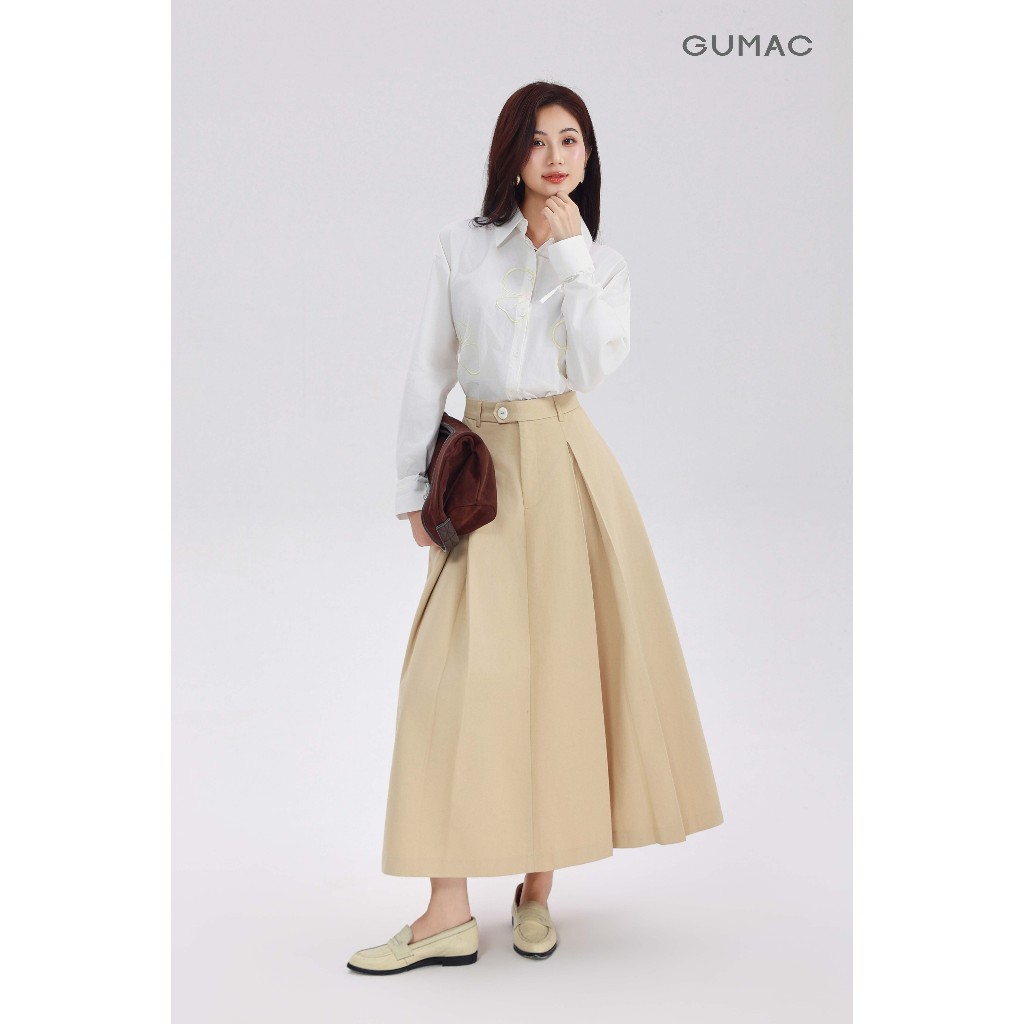 Chân Váy Kaki Nữ GUMAC Form A Xòe Dài Phối Ly Hộp Có Túi Sườn Trẻ Trung Dễ Phối Đồ YVF10073