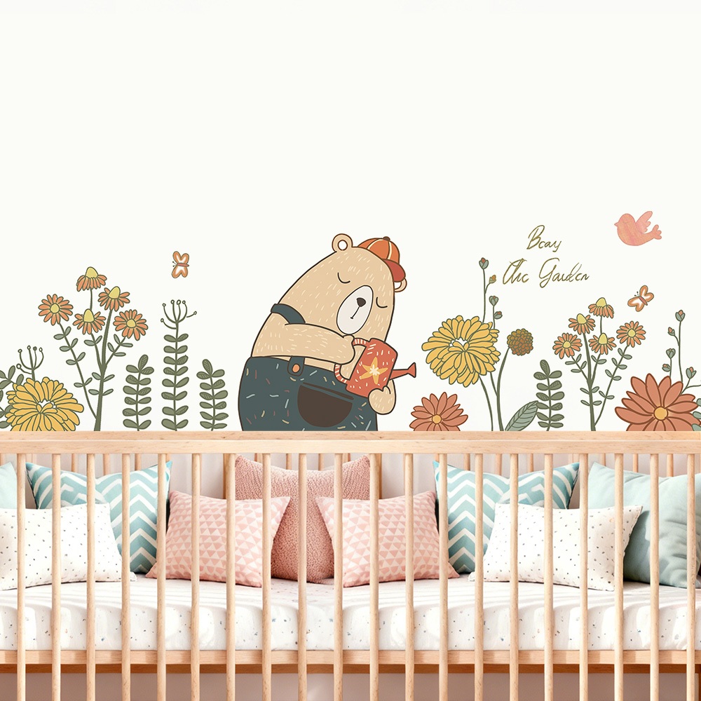 Decal Dán Tường Chủ Đề Hình Gấu Tưới Hoa Có Keo Sẵn 178x48cm - Trang Trí Phòng Ngủ Cho Bé