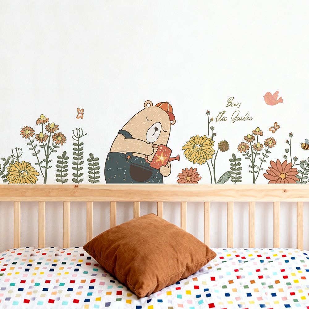 Decal Dán Tường Chủ Đề Hình Gấu Tưới Hoa Có Keo Sẵn 178x48cm - Trang Trí Phòng Ngủ Cho Bé