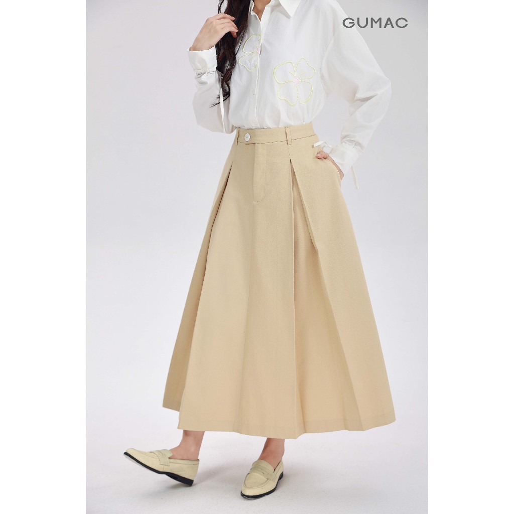 Chân Váy Kaki Nữ GUMAC Form A Xòe Dài Phối Ly Hộp Có Túi Sườn Trẻ Trung Dễ Phối Đồ YVF10073