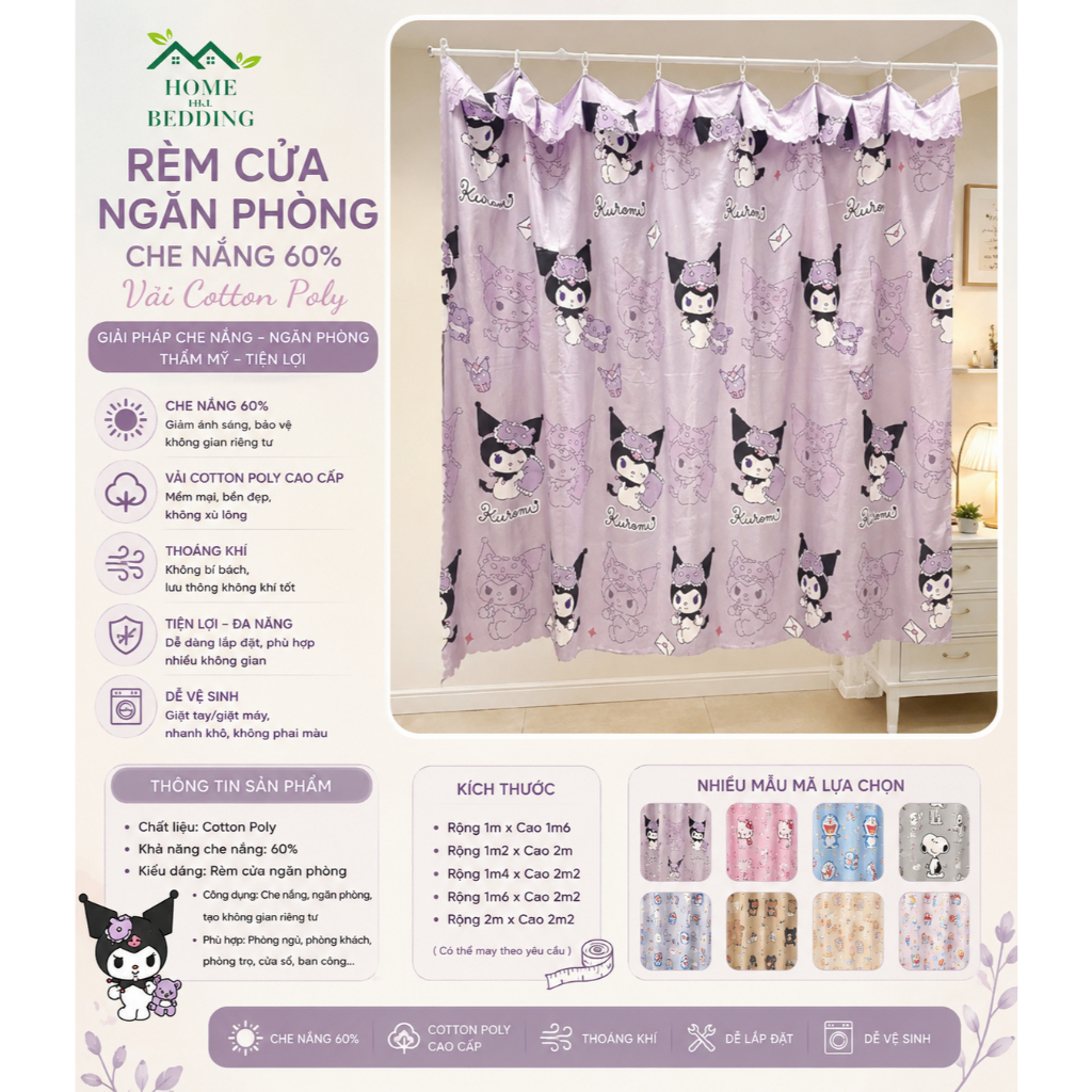 Rèm Cửa ngăn phòng che nắng RIDO phòng ngủ có móc treo được chọn màu ...
