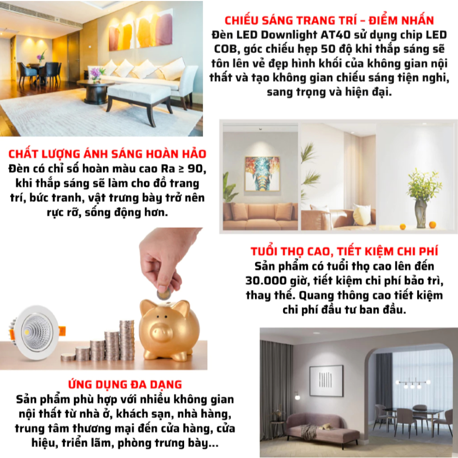 Đèn LED Spotlight Rạng Đông AT40 95/12W 4000K –Ánh Sáng Trung Tính, Tuổi Thọ 30.000 Giờ, Thẩm MĨ Cao