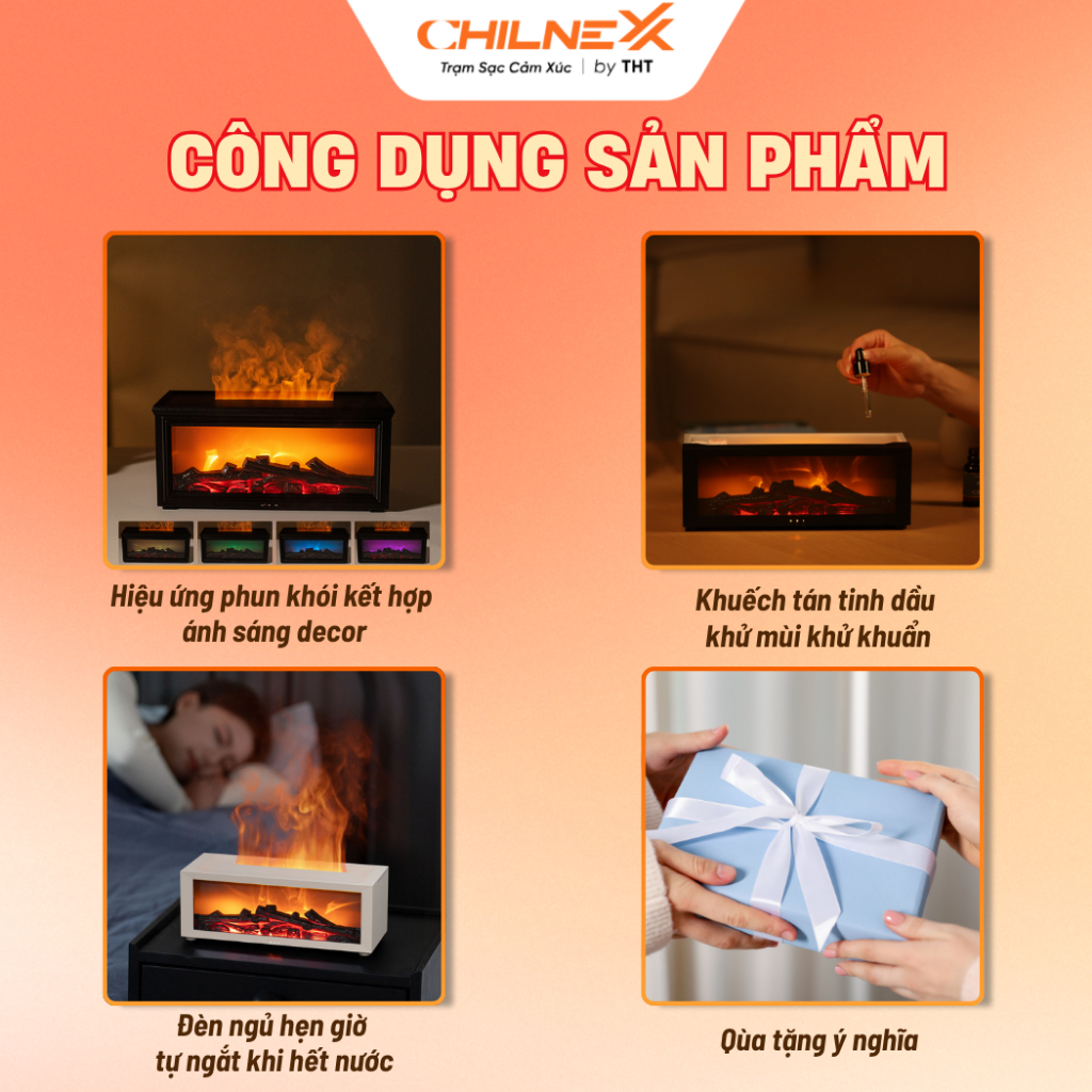 Máy Xông Tinh Dầu Hiệu Ứng Ngọn Lửa A1 CHILNEXX Trang Trí Decor Phòng tạo độ ẩm khuyếch tán tinh dầu làm quà tặng