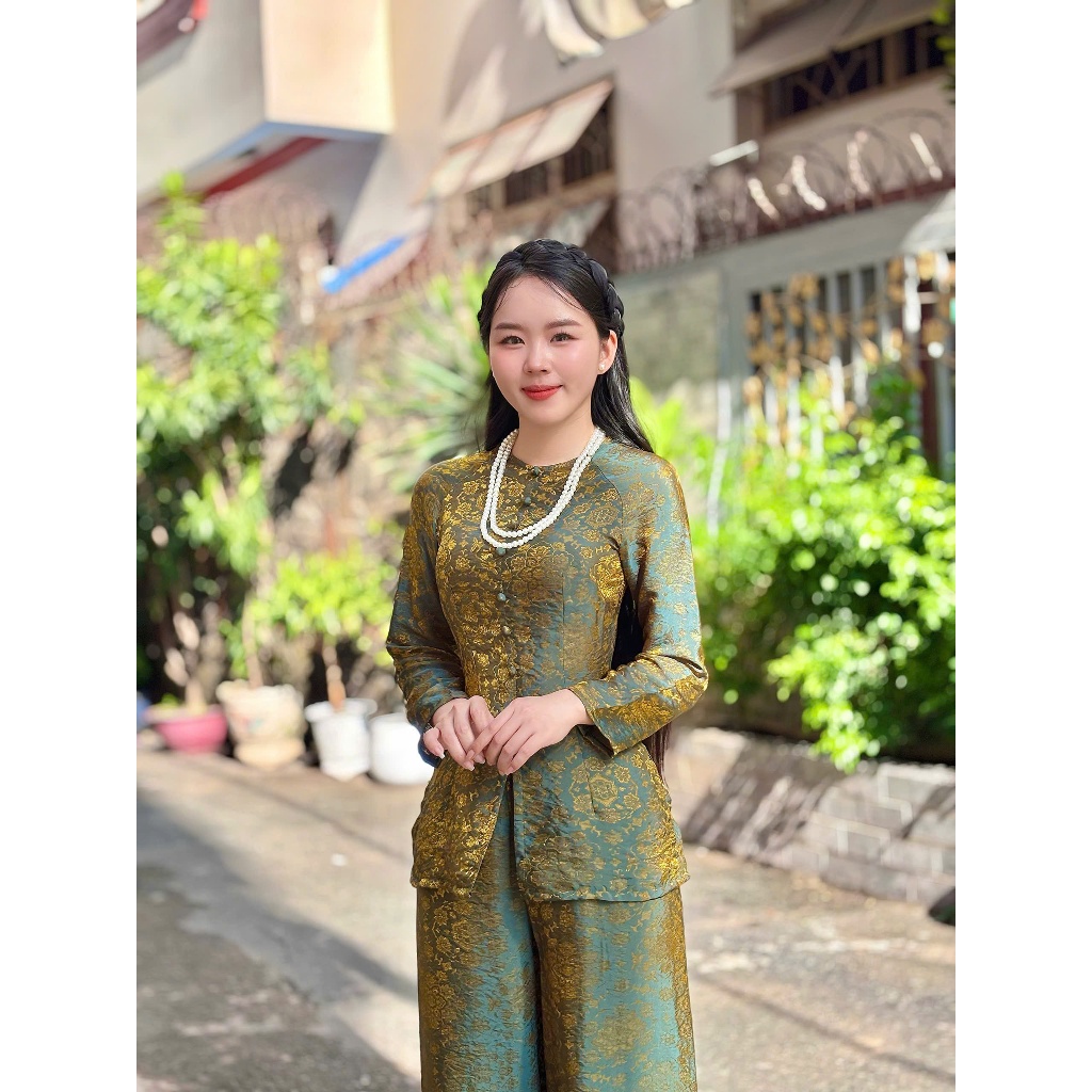 Hân Nguyễn Áo Bà Ba - B.A197 - Bộ Bà Ba Gấm Tơ Tencel Ánh Kim Dệt Hoạ Tiết Sang Mịn ( Quần Cùng Chất Dây Kéo )