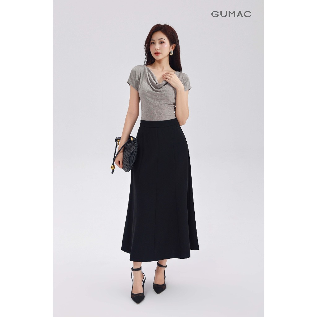 Áo Thun Nữ Cổ Đổ GUMAC Form Slim Fit Tay Ngắn Chất Ánh Nhung Sang Trọng Đi Tiệc ATE01031