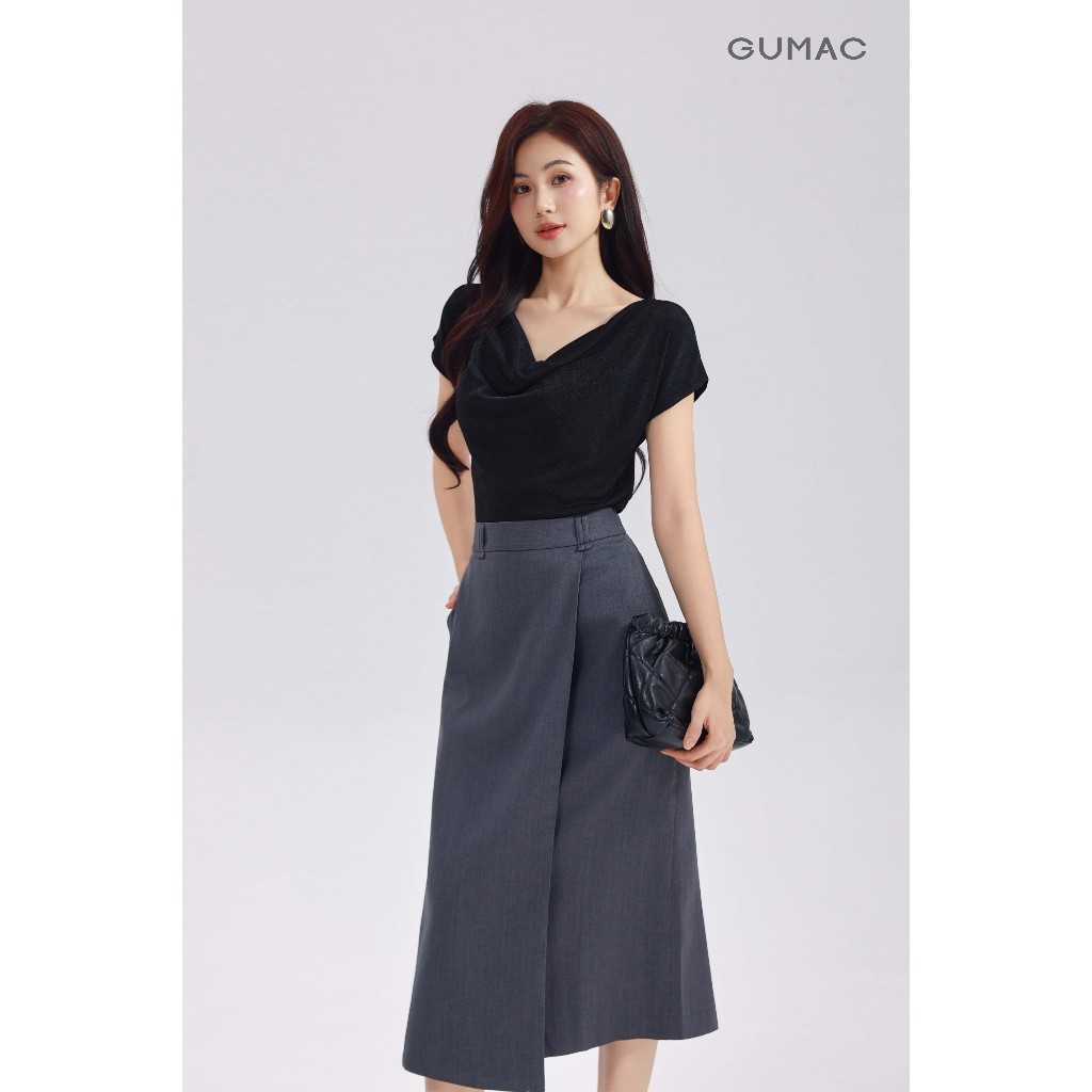 Áo Thun Nữ Cổ Đổ GUMAC Form Slim Fit Tay Ngắn Chất Ánh Nhung Sang Trọng Đi Tiệc ATE01031