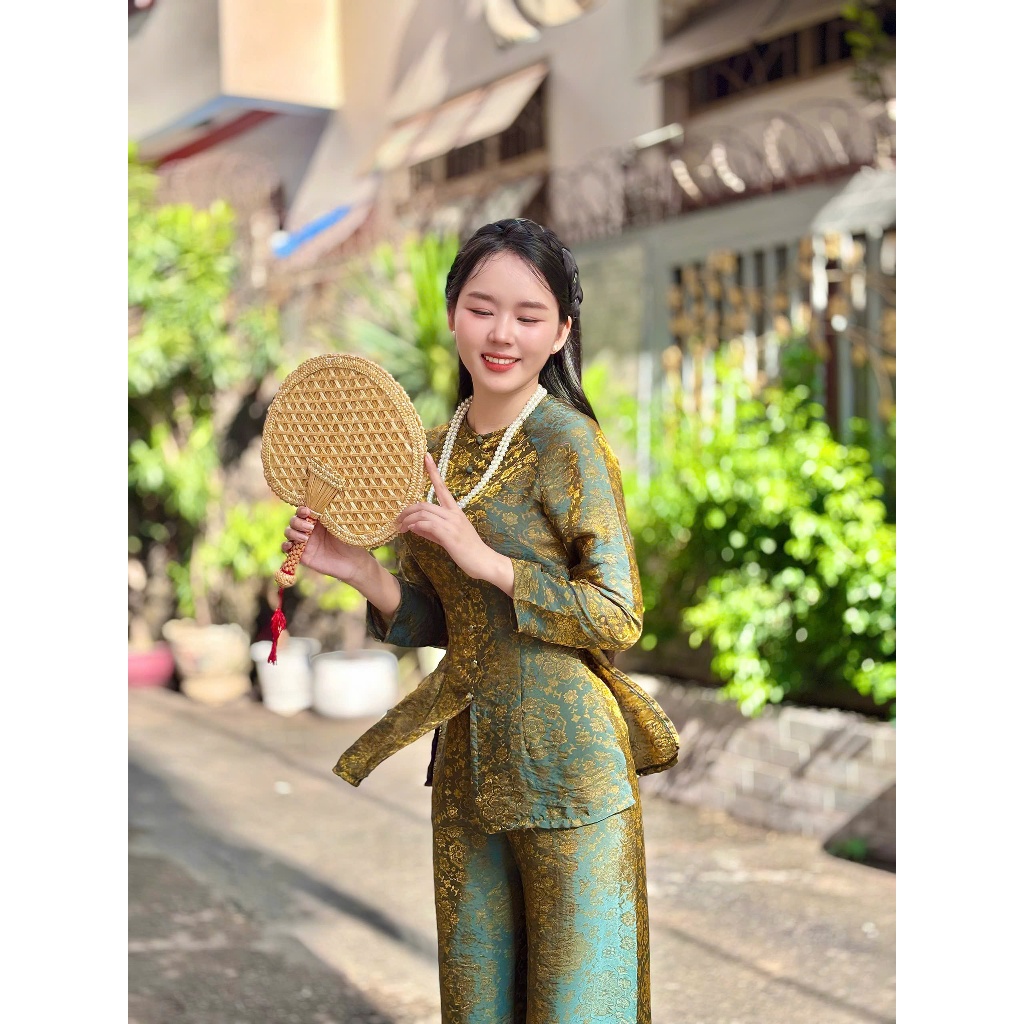 B.A197 - Bộ Bà Ba Gấm Tơ Tencel Ánh Kim Dệt Hoạ Tiết Sang Mịn ( Quần Cùng Chất Dây Kéo )