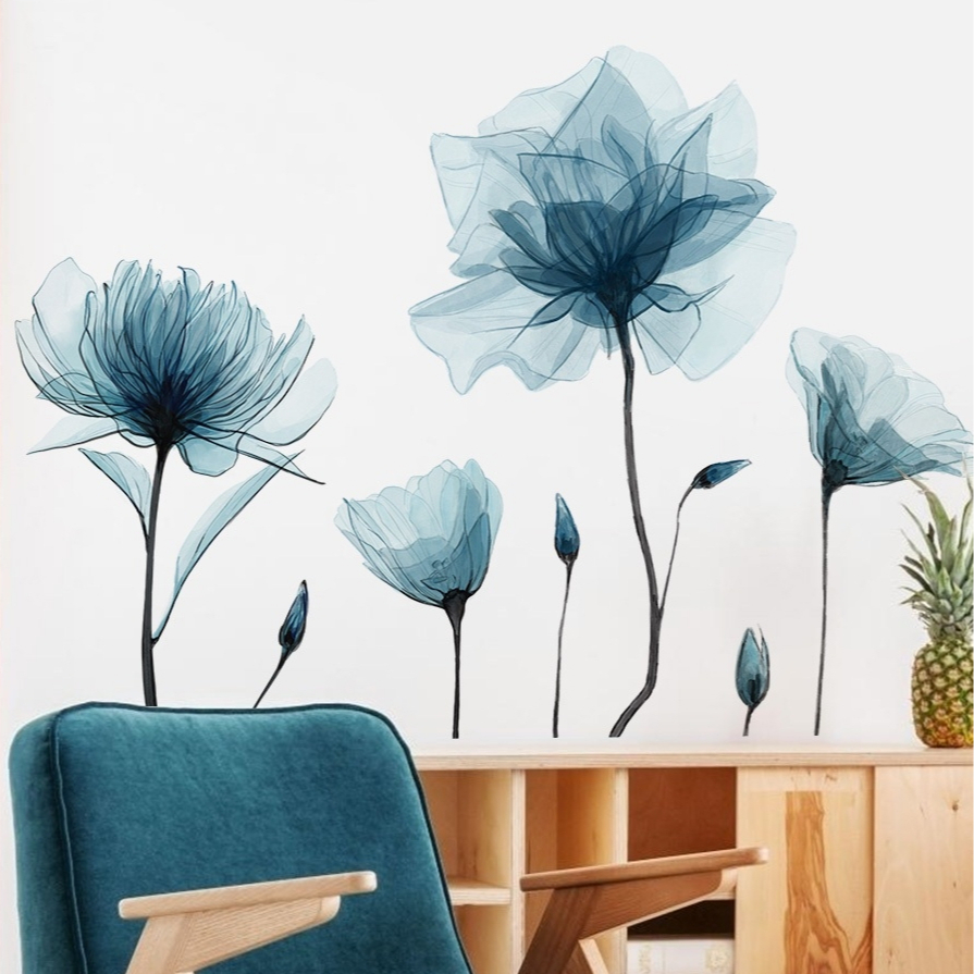 Decal Dán Tường Hoa Sen Xanh Có Keo Sẵn 120x86cm - Trang Trí Phòng Khách, Phòng Ngủ, Phòng Bếp