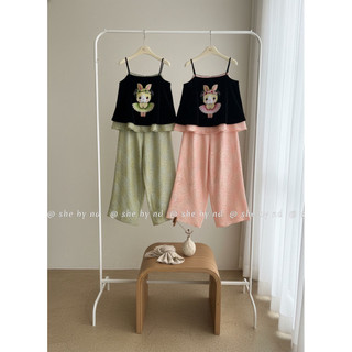 Sét áo hai dây nhung the thêu Thỏ Xoè Váy lót lụa + quần xuông lụa