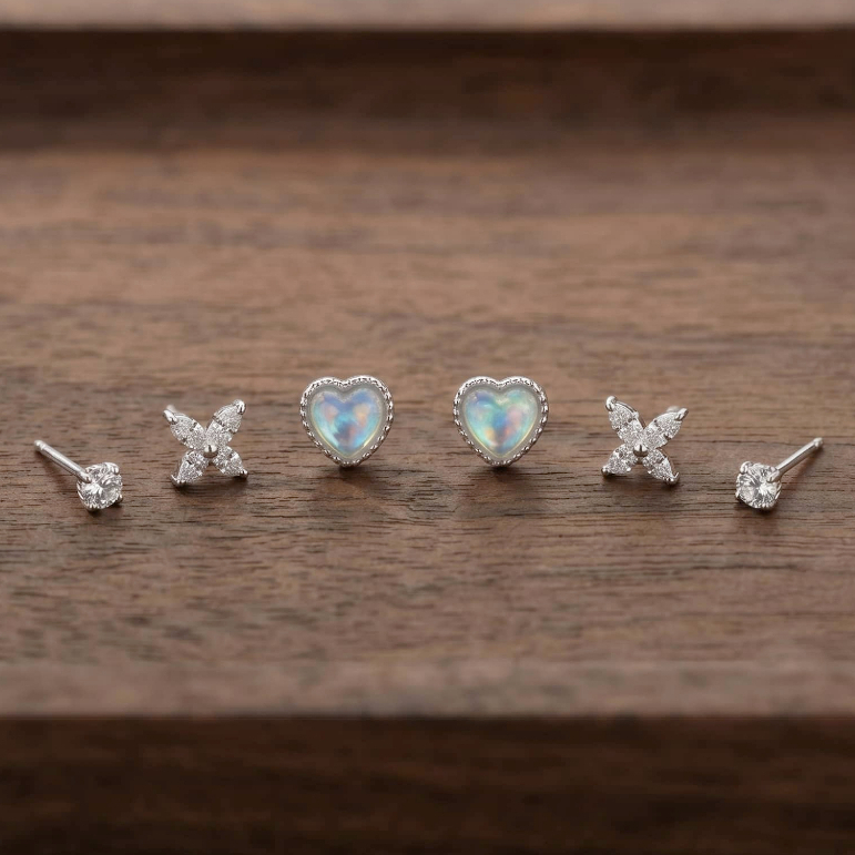 Set 6 bông tai bạc đính đá moonstone cao cấp sang chảnh, bông tai phong cách hàn quốc cá tính ChicEar Jewelry