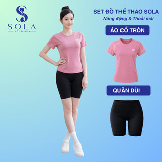 Đồ Bộ Thể Thao Nữ Áo Cổ Tròn Tay Ngắn Quần Short Đen Ôm Body, Set Tập Gym Chạy Bộ Yoga Sola 2649