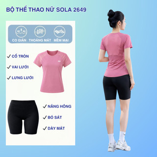 Đồ Bộ Thể Thao Nữ Áo Cổ Tròn Tay Ngắn Quần Short Đen Ôm Body, Set Tập Gym Chạy Bộ Yoga Sola 2649