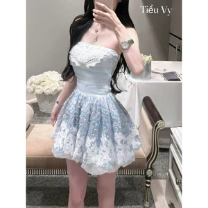 Đầm quây phối ren phồng đính hoa nổi