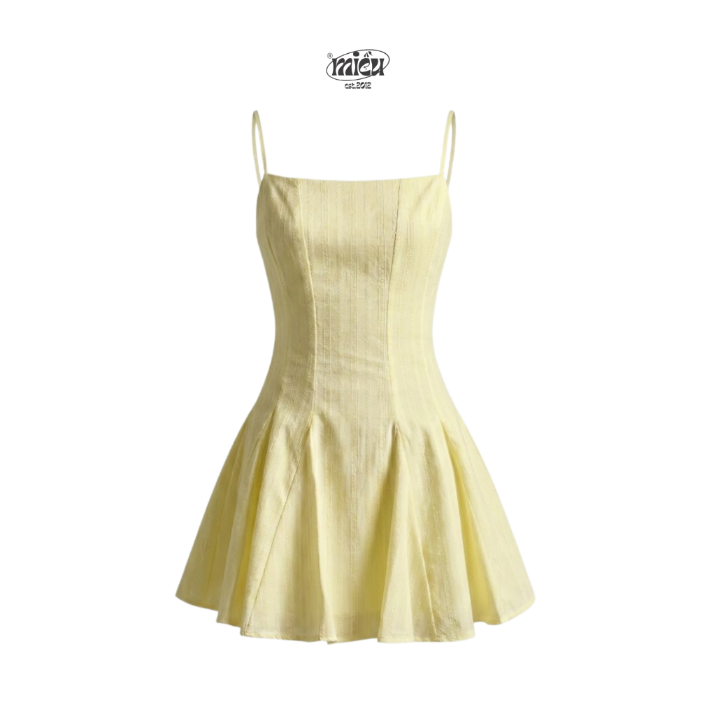 Đầm ngắn hai dây Rania Miều Est.2013 dáng xòe nữ tính chất vải linen sọc thoáng mát