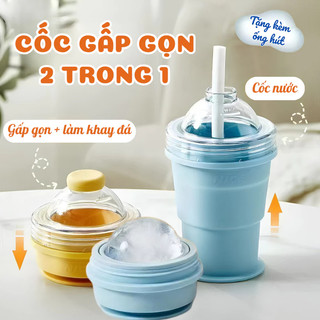 Cốc nước làm đá gấp gọn 2in1, khay đá dạng cốc gấp gọn kèm ống hút, cốc nước kết hợp khay đá tiện lợi