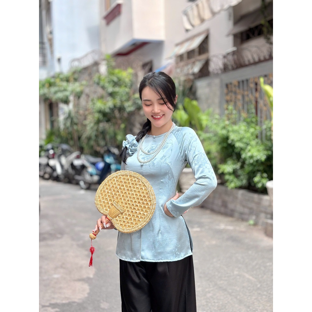 B.a182 Áo Bà Ba GấM HoA HảI ĐườnG CácH ĐiệU Cổ TrÒn TAy DÀi DâY KÉo NÚt Nụ BọC (QUẦN NGỌC TRAI)