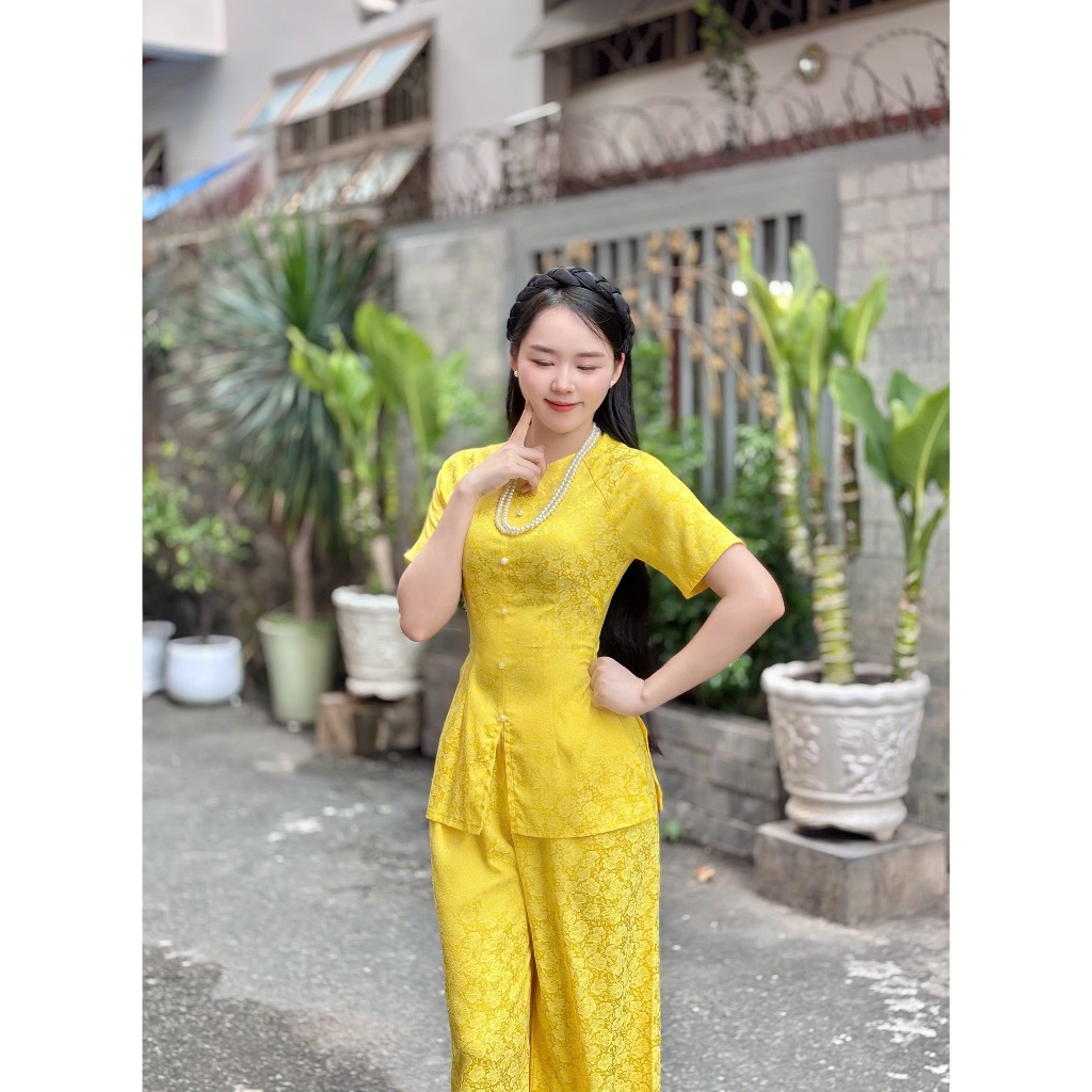 B.a193- (FROM DÁNG DÀI) ÁO BÀ BA GẤM HOA NHÀI ÁNH NGỌC DỆT XINH TAY NGẮN NÚT NGỌC TRAI DÂY KÉO