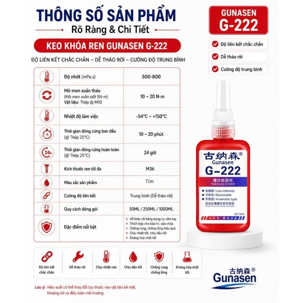 Keo Khóa Ren Gunasen G222 5042 5050 5071 5077 50ml Chống Rung Chống Lỏng Ren Chịu Nhiệt Cao