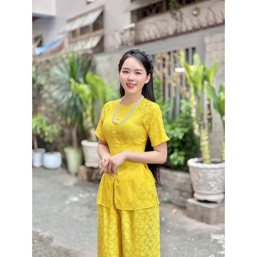 Hân Nguyễn Áo Bà Ba - B.A193 - ( FORM DÁNG DÀI ) Áo Bà Ba Gấm Hoa Nhài Ánh Ngọc Dệt Xinh Tay Ngắn Nút Ngọc Trai Dây Kéo