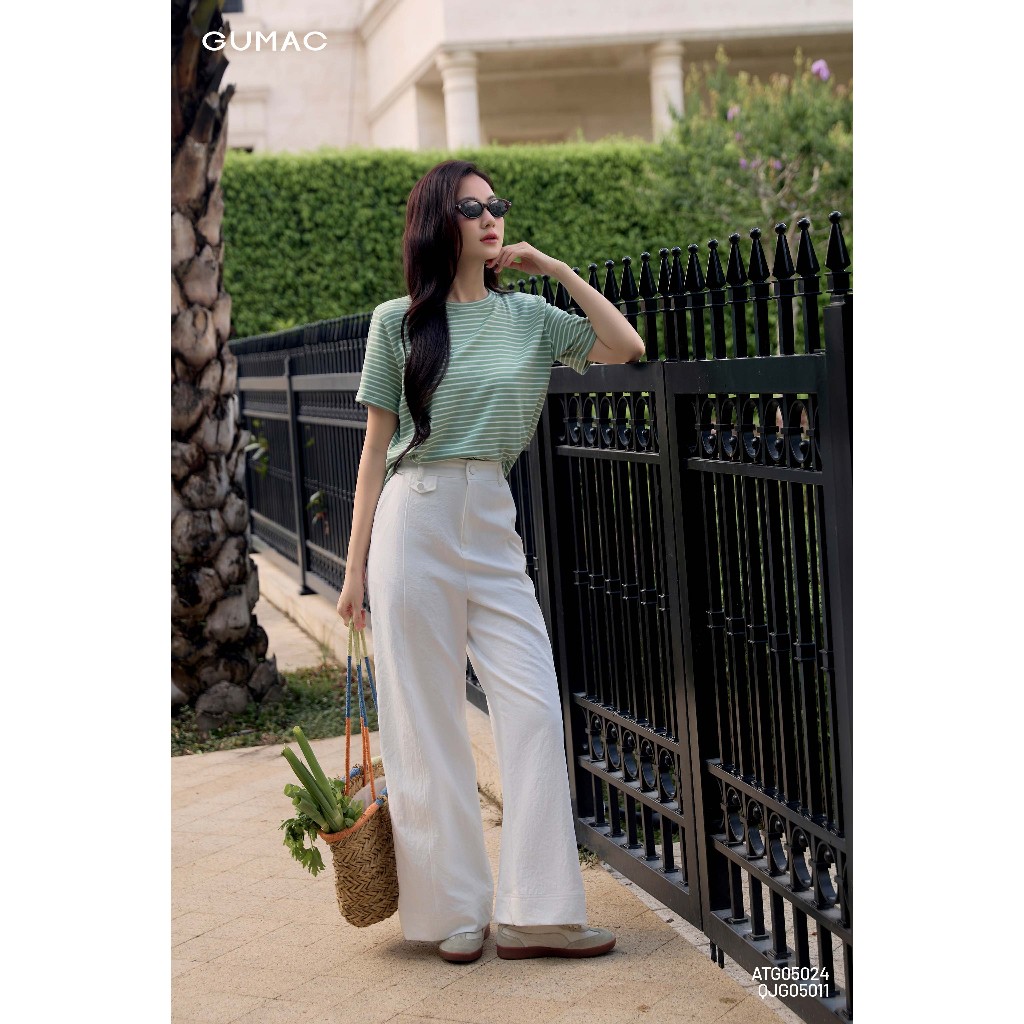 Quần Dài Kaki Nữ GUMAC Form Ống Rộng Lưng Rời Đính Nút Bọc Chất Kate Chun Mềm Thoái Mái QJG05011