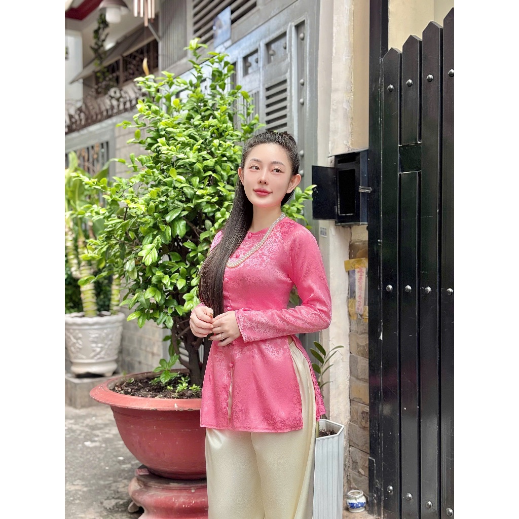 B.a195 - ÁO BÀ BA GẤM HOA MẪU ĐƠN DÂY KÉO CỔ TRÒN NÚT NỤ BỌC QUẦN LỤA